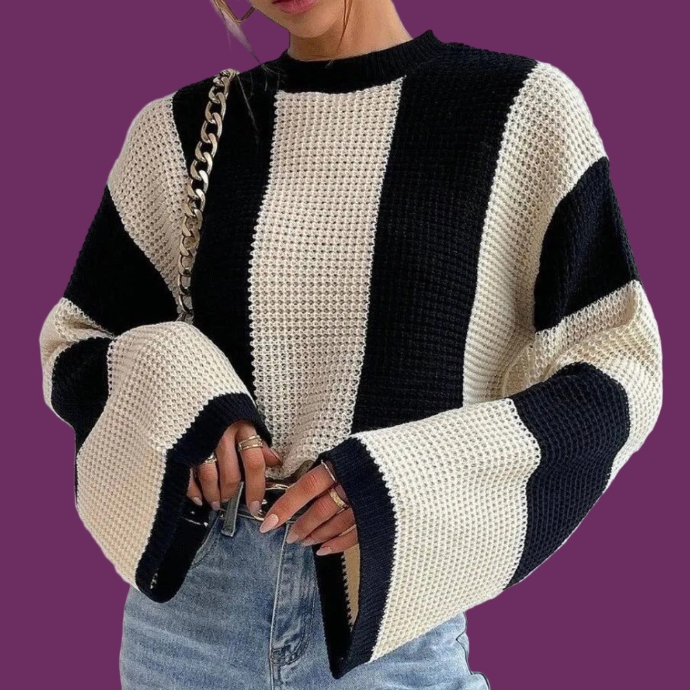 NWT BOHO Black and White Block Knit Sweater Flare Sleeves
